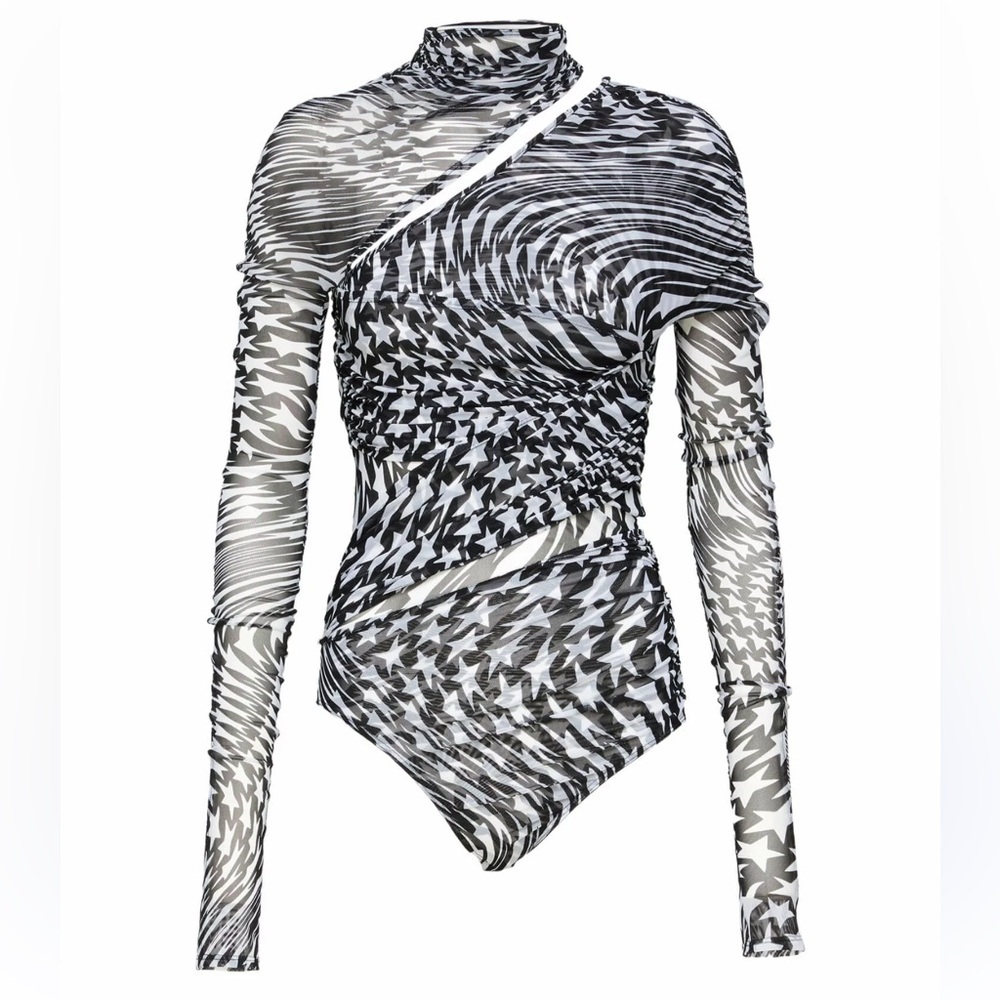 New Mugler Star Print Asymmetrical Cut Out Mesh Bodysuit in Black/White Size 40